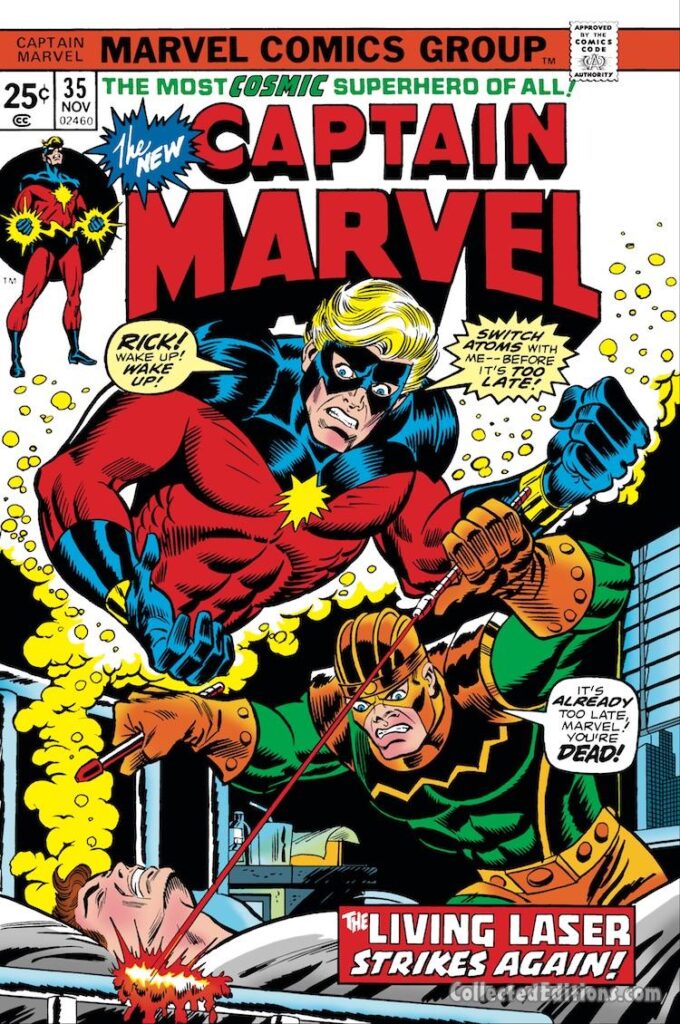 Captain Marvel #35 cover; pencils, Ron Wilson; inks, Frank Giacoia; The Living Laser Strikes Again, Mar-Vell