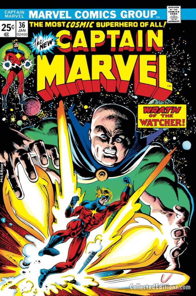 Captain Marvel #36 cover; pencils and inks, Al Milgrom; Wrath of the Watcher, Uatu, Mar-Vell