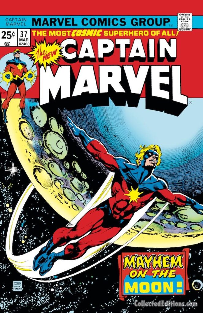 Captain Marvel #37 cover; pencils, Gil Kane; inks, Klaus Janson; Mayhem on the Moon, Mar-Vell