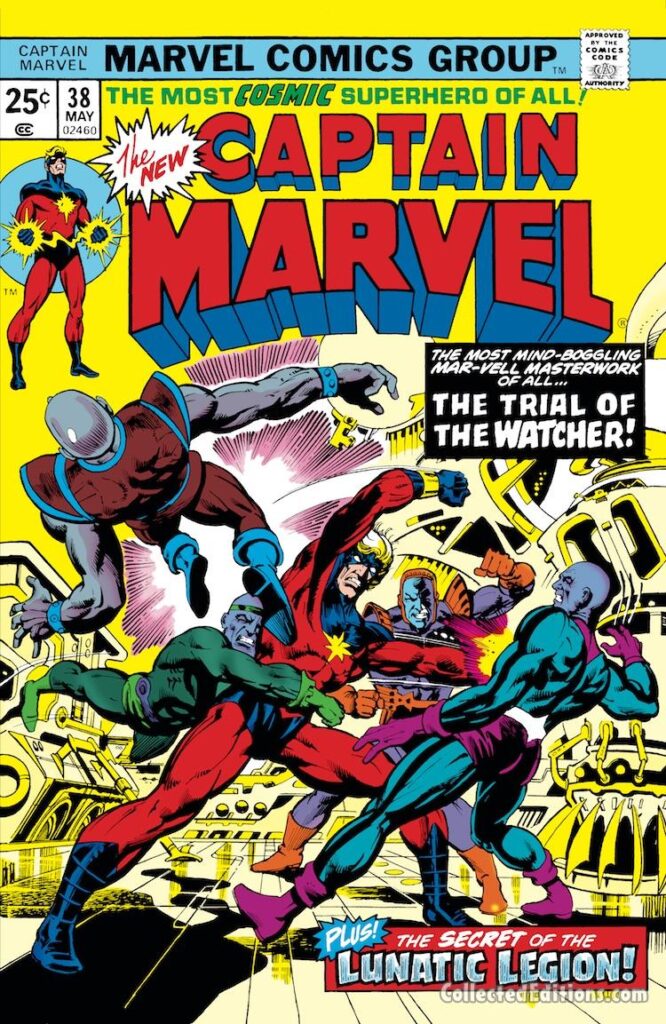 Captain Marvel #38 cover; pencils, Al Milgrom; inks, Klaus Janson ; The Trial of the Watcher; Mar-Vell Masterwork; Lunatic Legion