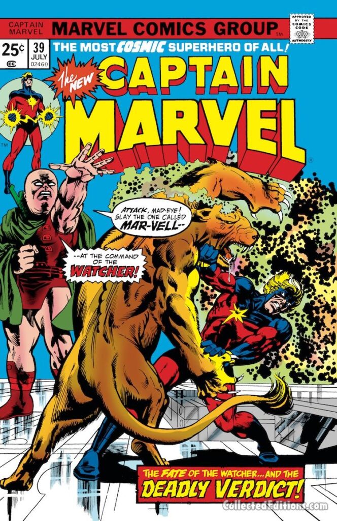 Captain Marvel #39 cover; pencils, Al Milgrom; inks, Klaus Janson  ; Mar-Vell, Uatu the Watcher, Deadly Verdict