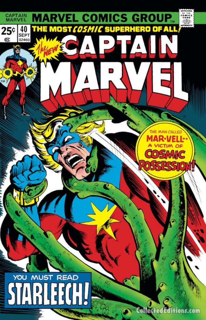 Captain Marvel #40 cover; pencils, Al Milgrom; inks, Klaus Janson; Cosmic Possession, Mar-Vell, Starleech, Star Leech