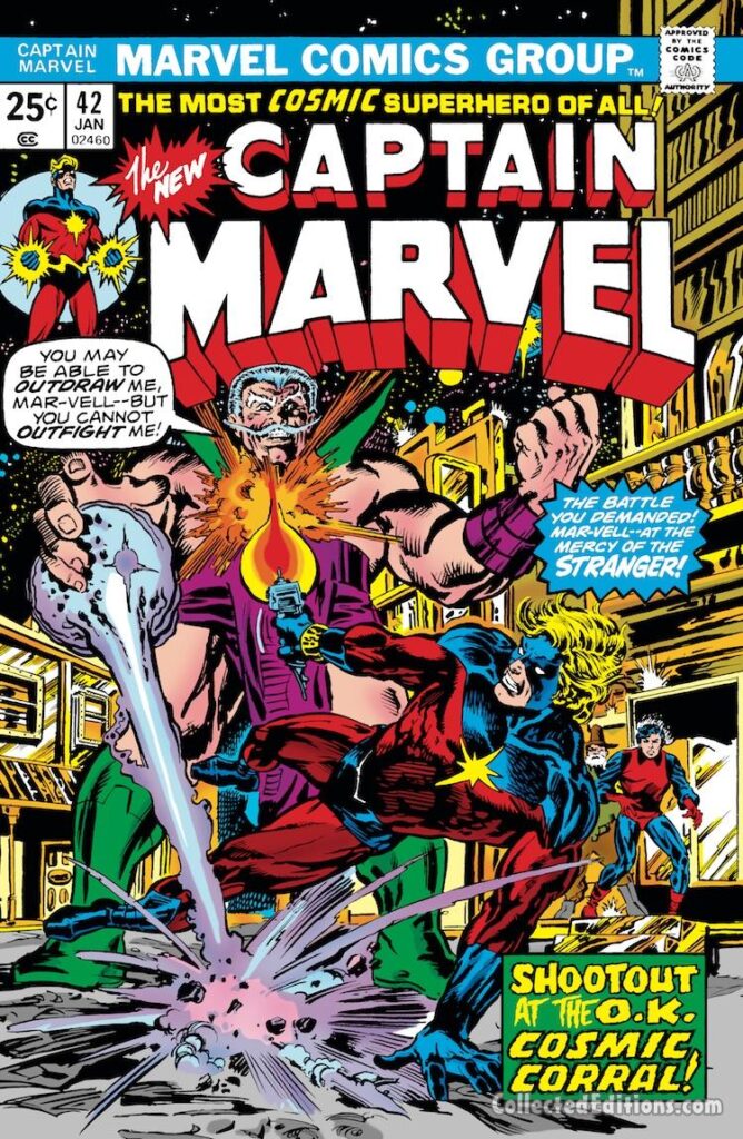 Captain Marvel #42 cover; pencils, Al Milgrom; inks, Alan Weiss; Mar-Vell, the Stranger; Rick Jones