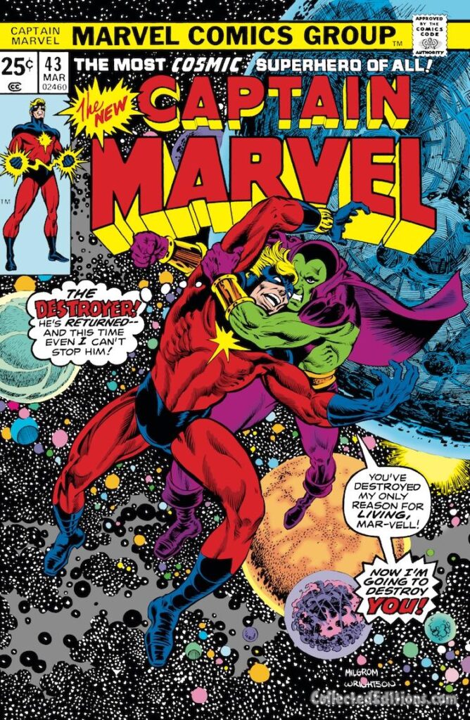 Captain Marvel #43 cover; pencils, Al Milgrom; inks, Bernie Wrightson; Mar-vell, Drax the Destroyer