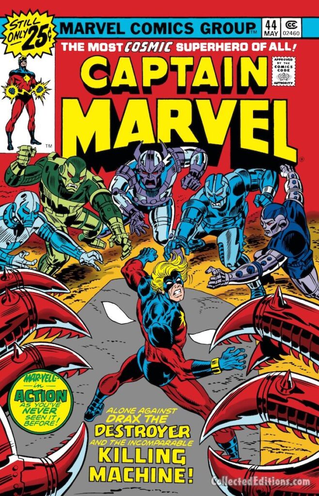 Captain Marvel #44 cover; pencils, Al Milgrom; inks, Frank Giacoia; Drax the Destroyer, Mar-Vell
