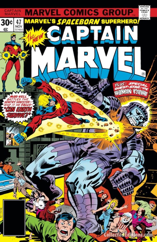 Captain Marvel #47 cover; pencils and inks, Al Milgrom; Mar-Vell, Sentry, Human Torch