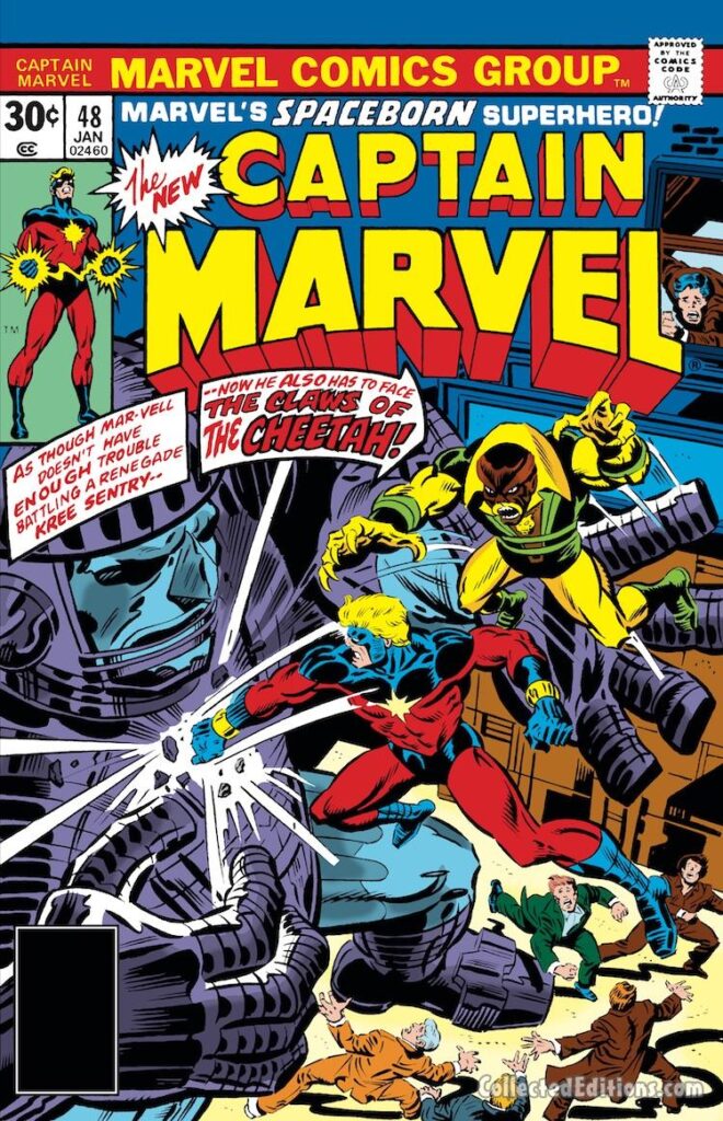 Captain Marvel #48 cover; pencils and inks, Al Milgrom; Sentry, Kree, The Claws of the Cheetah, Mar-Vell