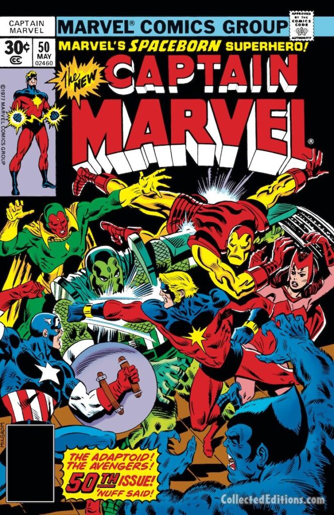 Captain Marvel #50 cover; pencils and inks, Al Milgrom; Avengers, Adaptoid, Beast, Scarlet Witch, Vision, Iron Man, Captain America