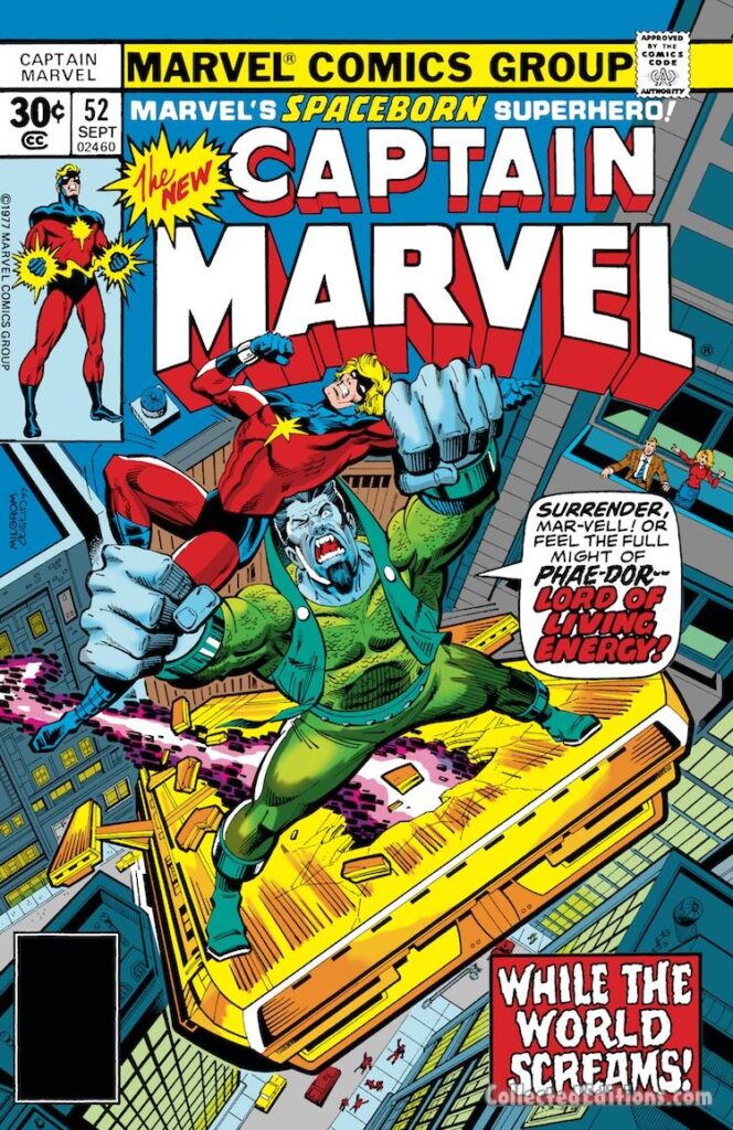 Captain Marvel #52 cover; pencils, Al Milgrom; inks, Terry Austin; Phae-Dor, Lord of Living Energy, While the World Screams, Mar-Vell
