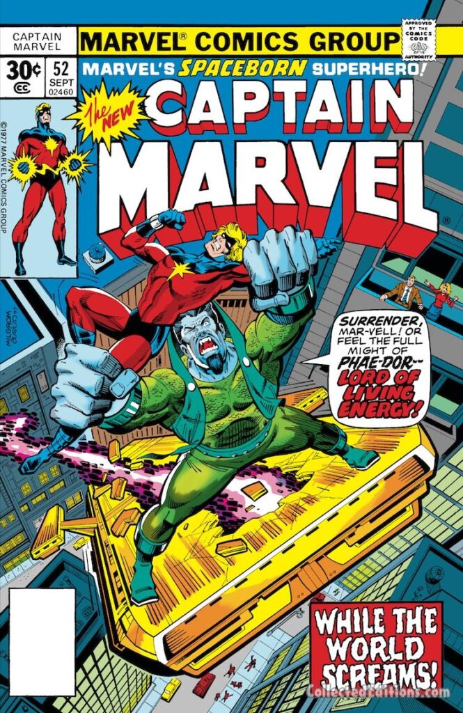 Captain Marvel #52 cover; pencils, Al Milgrom; inks, Terry Austin; Phae-Dor, Kree Mar-Vell, While the World Screams