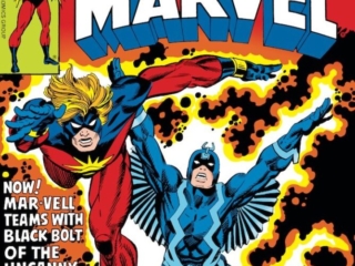 Captain Marvel #53 cover; pencils, Gil Kane; inks, Frank Giacoia; Inhumans, Mar-Vell, Black Bolt, the War of Three Galaxies