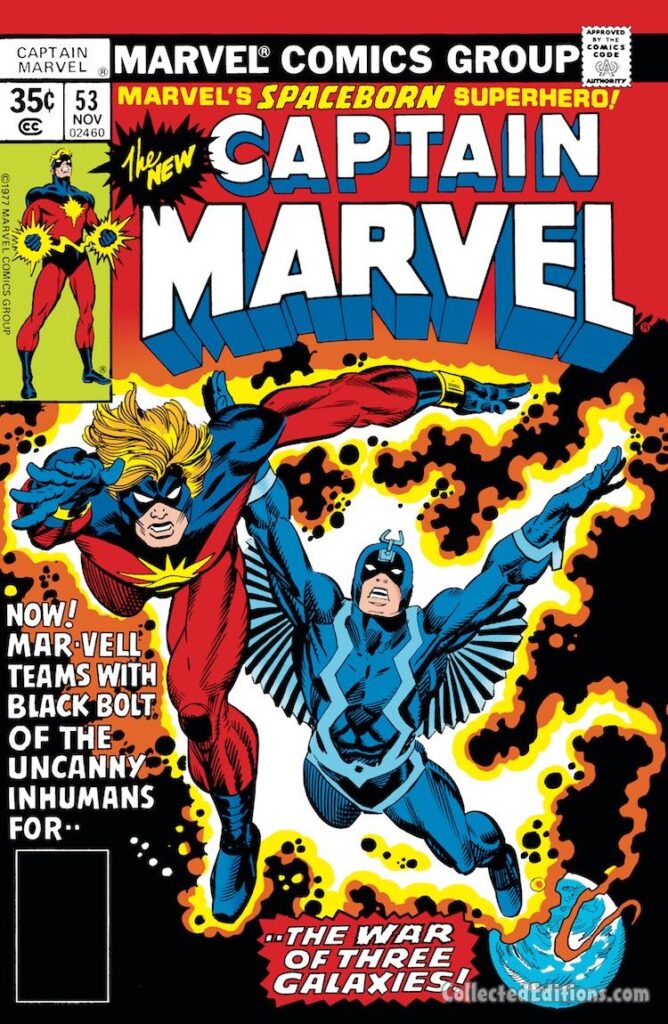 Captain Marvel #53 cover; pencils, Gil Kane; inks, Frank Giacoia; Inhumans, Mar-Vell, Black Bolt, the War of Three Galaxies