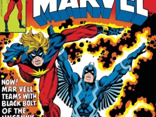 Captain Marvel #53 cover; pencils, Gil Kane; inks, Frank Giacoia; Mar-Vell, Kree, Black Bolt, Inhumans