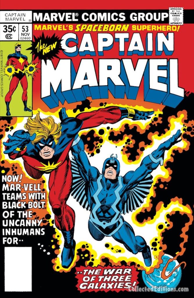 Captain Marvel #53 cover; pencils, Gil Kane; inks, Frank Giacoia; Mar-Vell, Kree, Black Bolt, Inhumans