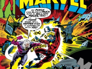 Captain Marvel #54 cover; pencils, Keith Pollard; inks, Frank Giacoia; Nitro the Exploding Man, Mar-Vell