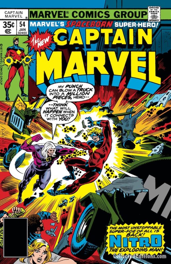 Captain Marvel #54 cover; pencils, Keith Pollard; inks, Frank Giacoia; Nitro the Exploding Man, Mar-Vell