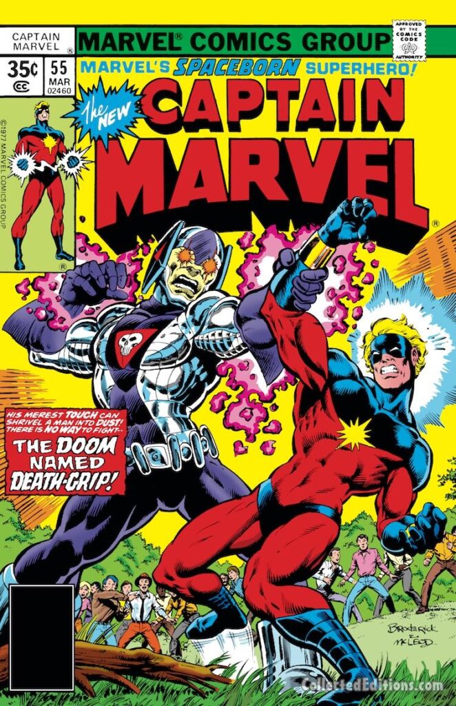 Captain Marvel #55 cover; pencils, Pat Broderick; inks, Bob McLeod; The Doom Named Death-Grip, Mar-Vell