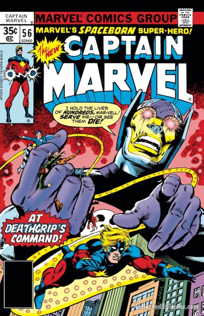 Captain Marvel #56 cover; pencils, Gil Kane; inks, Bob Wiacek; At Deathgrip's Command, Mar-Vell