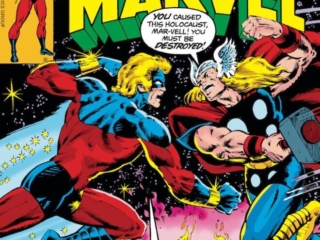 Captain Marvel #57 cover; pencils, Pat Broderick; inks, Bob Wiacek; Today Dies the Sun, Mar-Vell vs. Thor