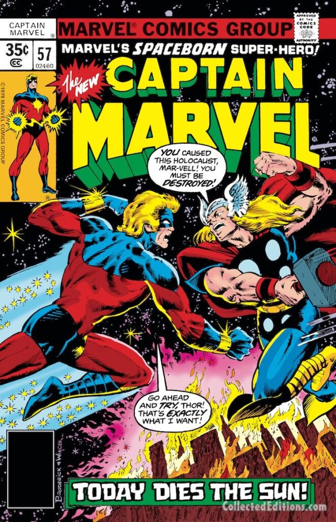 Captain Marvel #57 cover; pencils, Pat Broderick; inks, Bob Wiacek; Today Dies the Sun, Mar-Vell vs. Thor