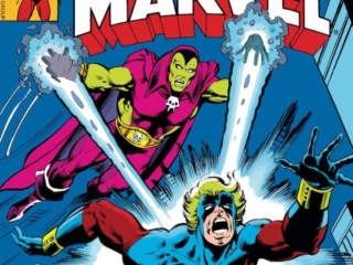 Captain Marvel #58 cover; layouts, Dave Cockrum; pencils and inks, Joe Rubinstein; Drax the Destroyer, Mar-Vell, Death Cries