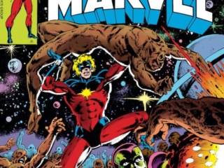 Captain Marvel #59 cover; pencils, Pat Broderick; inks, Bob Wiacek; Trouble on Titan, Mar-Vell, Drax the Destroyer