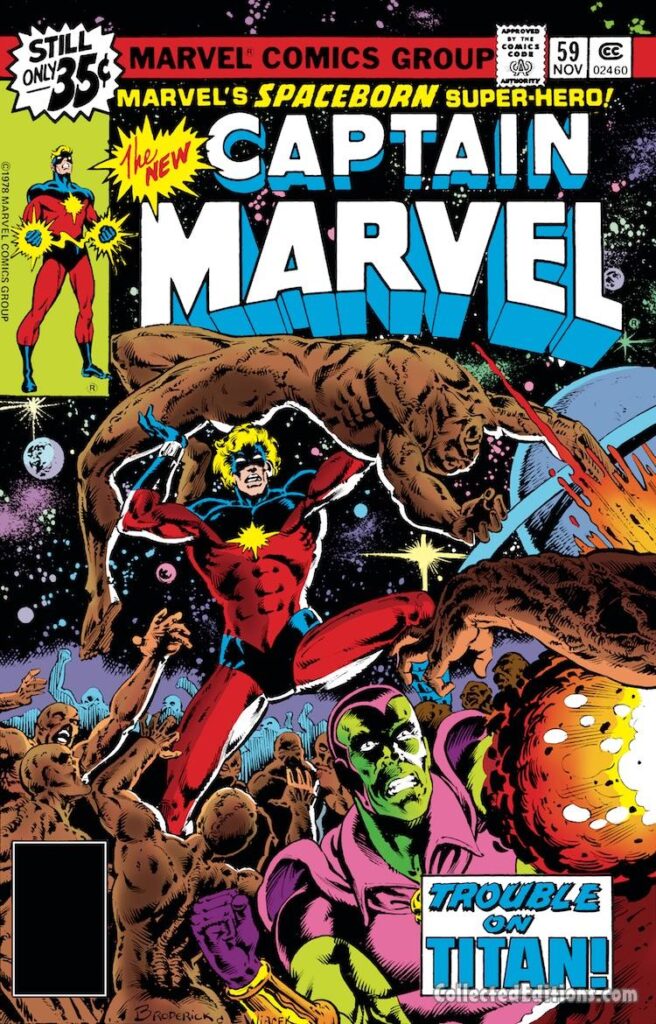 Captain Marvel #59 cover; pencils, Pat Broderick; inks, Bob Wiacek; Trouble on Titan, Mar-Vell, Drax the Destroyer