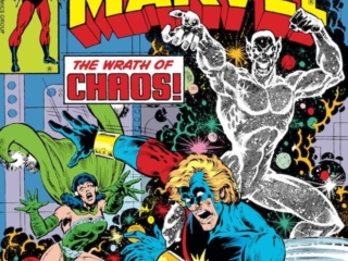 Captain Marvel #61 cover; pencils, Pat Broderick; inks, Joe Rubinstein; The Wrath of Chaos, Isaac, Mar-Vell, Elysius Mistress of Paradise