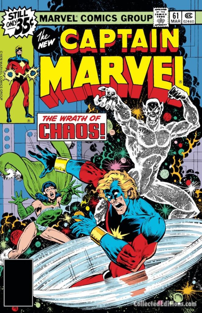 Captain Marvel #61 cover; pencils, Pat Broderick; inks, Joe Rubinstein; The Wrath of Chaos, Isaac, Mar-Vell, Elysius Mistress of Paradise