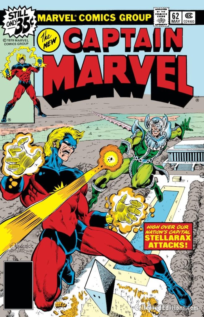 Captain Marvel #62 cover; pencils, Pat Broderick; inks, Bruce Patterson; Stellarax, Mar-Vell, National Mall, Washington DC