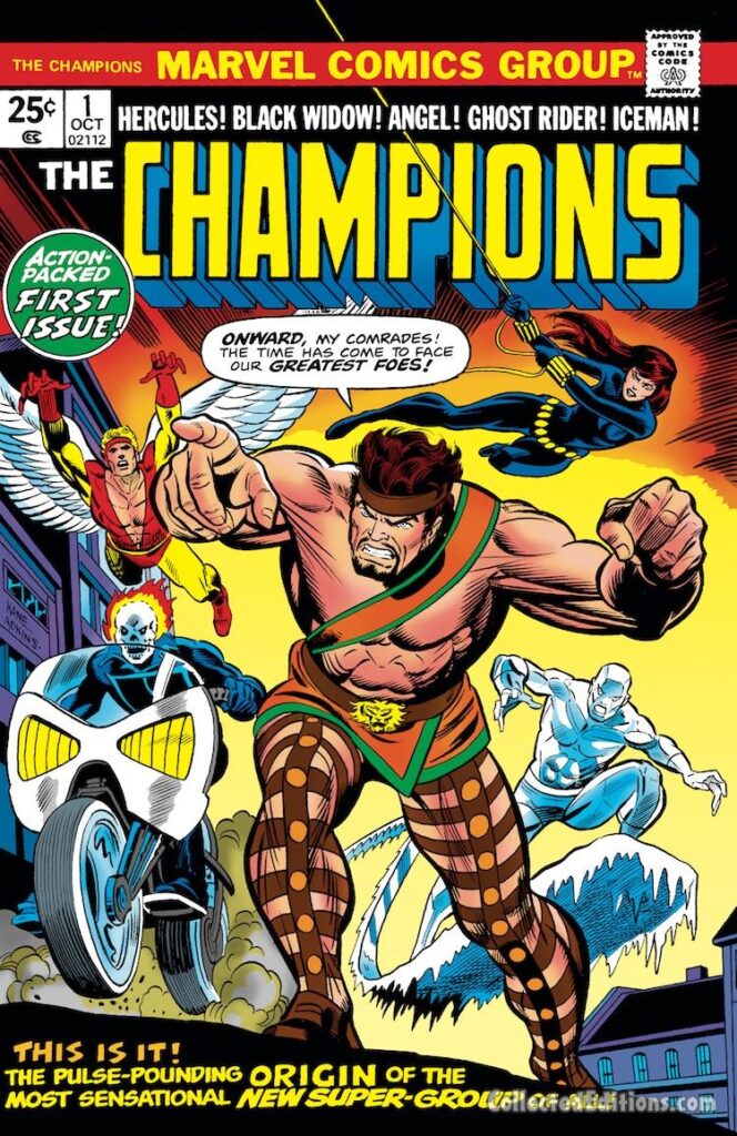 Champions #1 cover; pencils, Gil Kane; inks, Dan Adkins; first appearance, Hercules, Iceman, Angel, Black Widow, Ghost Rider, Los Angeles Marvel super-team