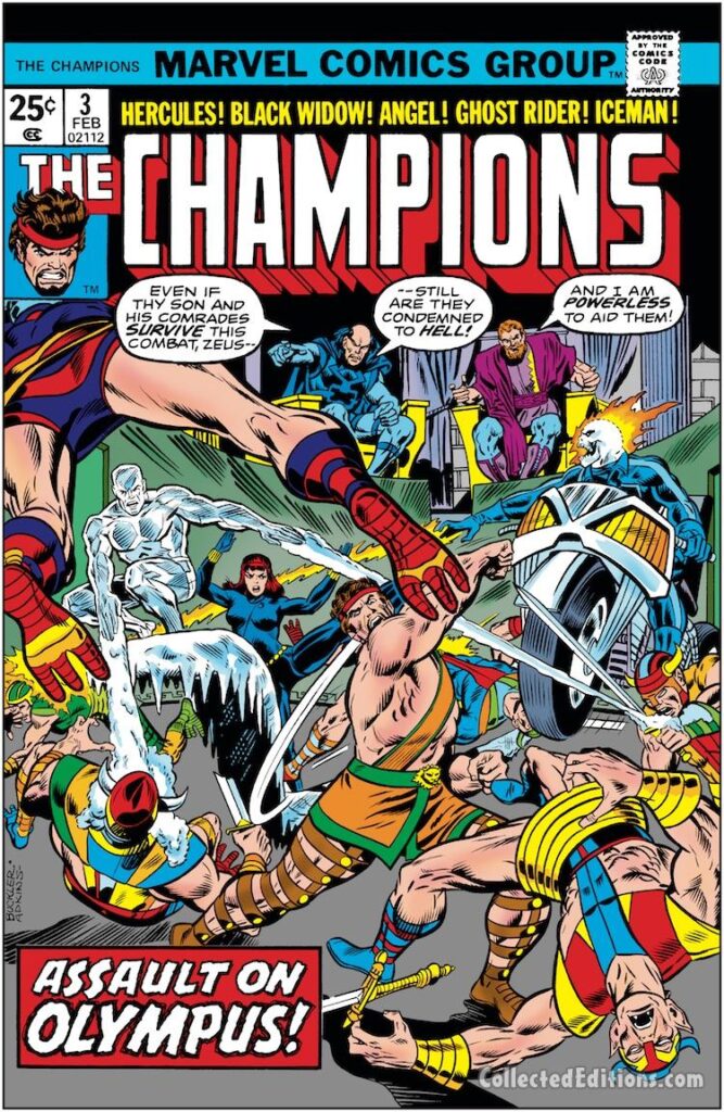 Champions #3 cover; pencils, Rich Buckler; inks, Dan Adkins; Assault on Olympus, Ghost Rider, Pluto