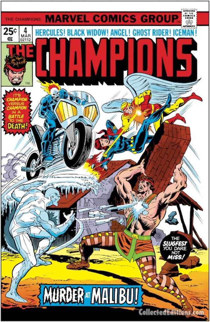 Champions #4 cover; pencils, Rich Buckler; inks, Frank Giacoia; Ghost Rider, Murder at Malibu California, Iceman
