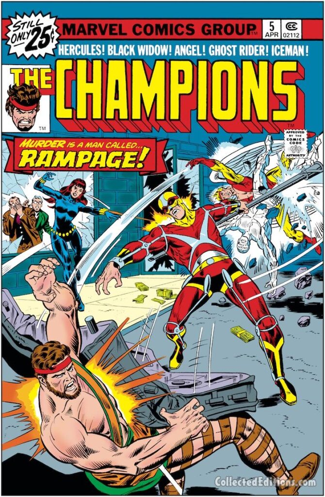 Champions #5 cover; pencils, Rich Buckler; inks, Dan Adkins, Rampage villain, Black Widow, Hercules