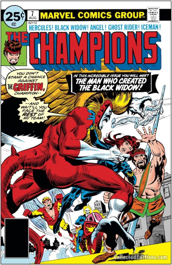 Champions #7 cover; pencils, Rich Buckler; inks, Frank Giacoia; the Griffin, Black Widow