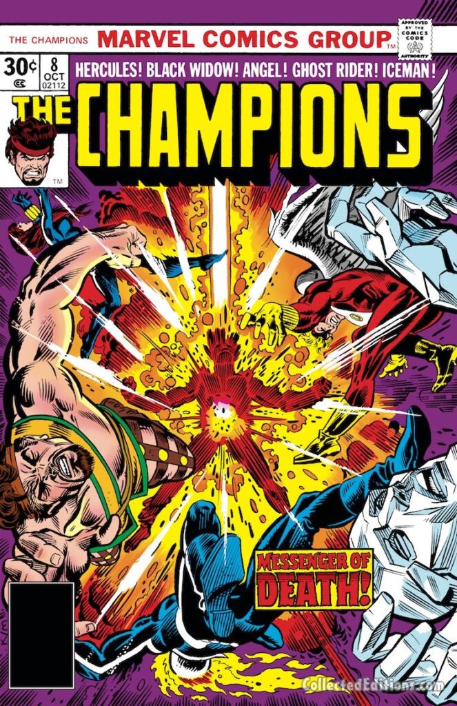 Champions #8 cover; pencils, Gil Kane; inks, Al Milgrom; Messenger of Death