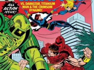 Champions #9 cover; pencils, Gil Kane; inks, Dan Adkins Champions #9 cover; pencils, Gil Kane; inks, Dan Adkins; Darkstar, Titanium Man, Crimson Dynamo, Soviet Battle of Los Angeles