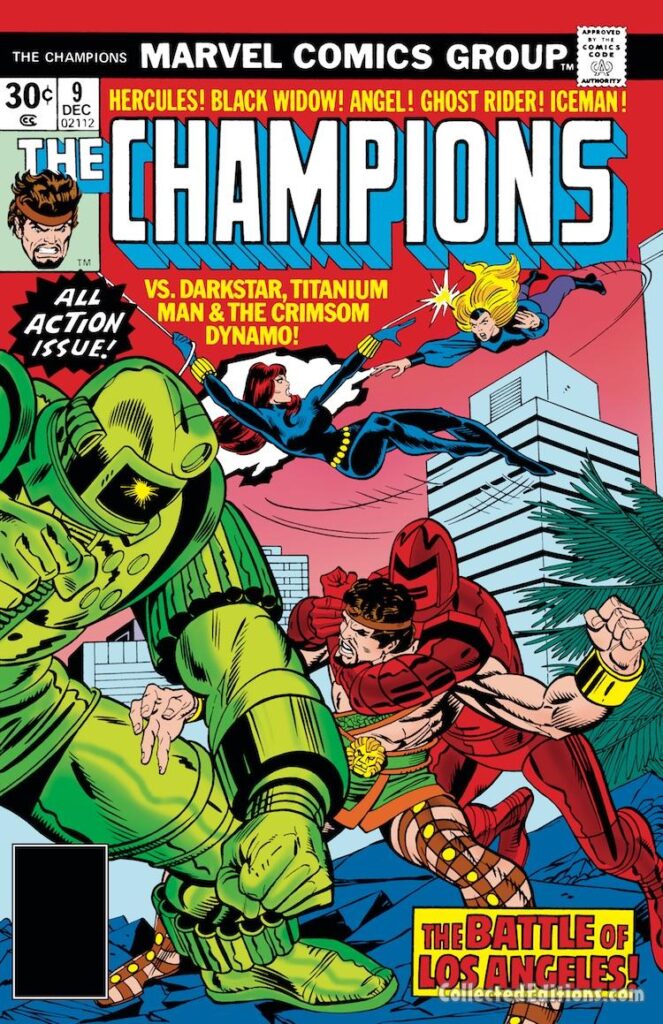 Champions #9 cover; pencils, Gil Kane; inks, Dan Adkins; Darkstar, Titanium Man, Crimson Dynamo, Soviet Battle of Los Angeles