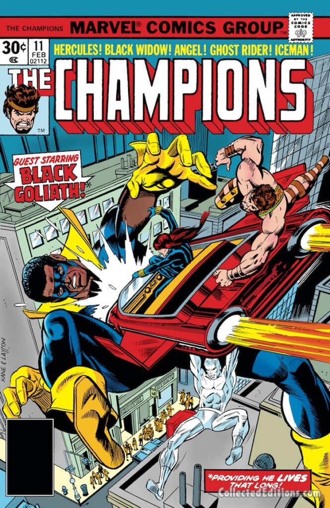 Champions #11 cover; pencils, Gil Kane; inks, Bob Layton; Bill Foster/Giant-Man/Hercules/Black Widow/Iceman