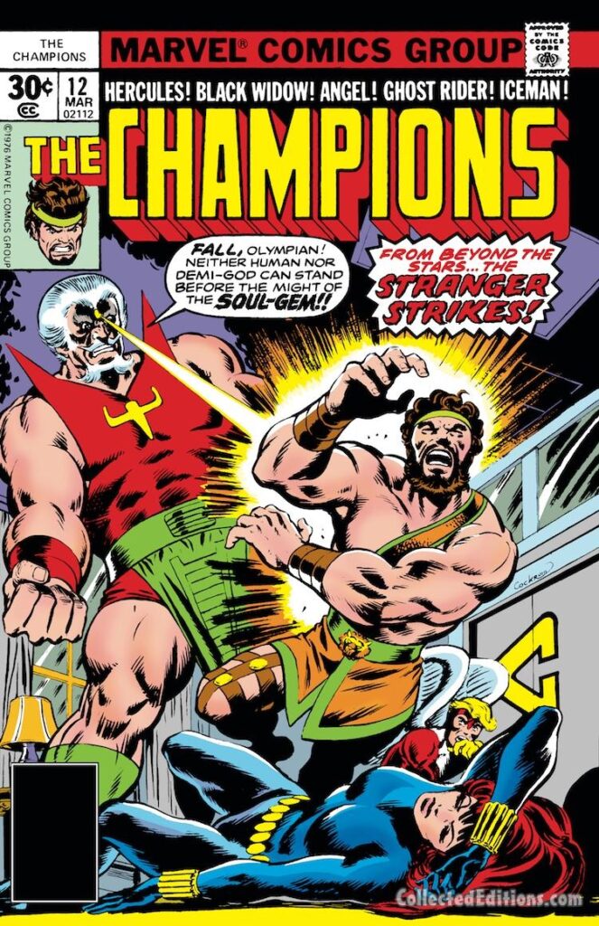 Champions #12 cover; pencils and inks, Dave Cockrum; The Stranger/Bill Foster/Giant-Man/Hercules/Black Widow