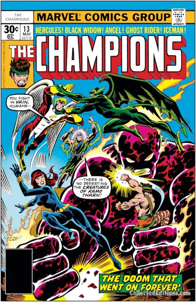 Champions #13 cover; pencils, Dave Cockrum; inks, Al Milgrom; Kamo Tharn, Black Widow, Angel, Hercules, demons