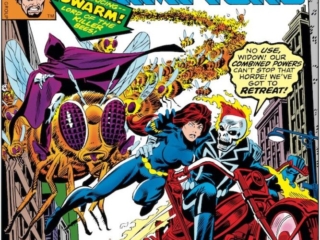 Champions #14 cover; pencils, Gil Kane; inks, Al Milgrom Champions #14 cover; pencils, Gil Kane; inks, Al Milgrom; Swarm first appearance, killer bees, Ghost Rider, Black Widow