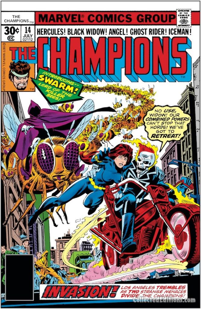 Champions #14 cover; pencils, Gil Kane; inks, Al Milgrom; Swarm first appearance, killer bees, Ghost Rider, Black Widow