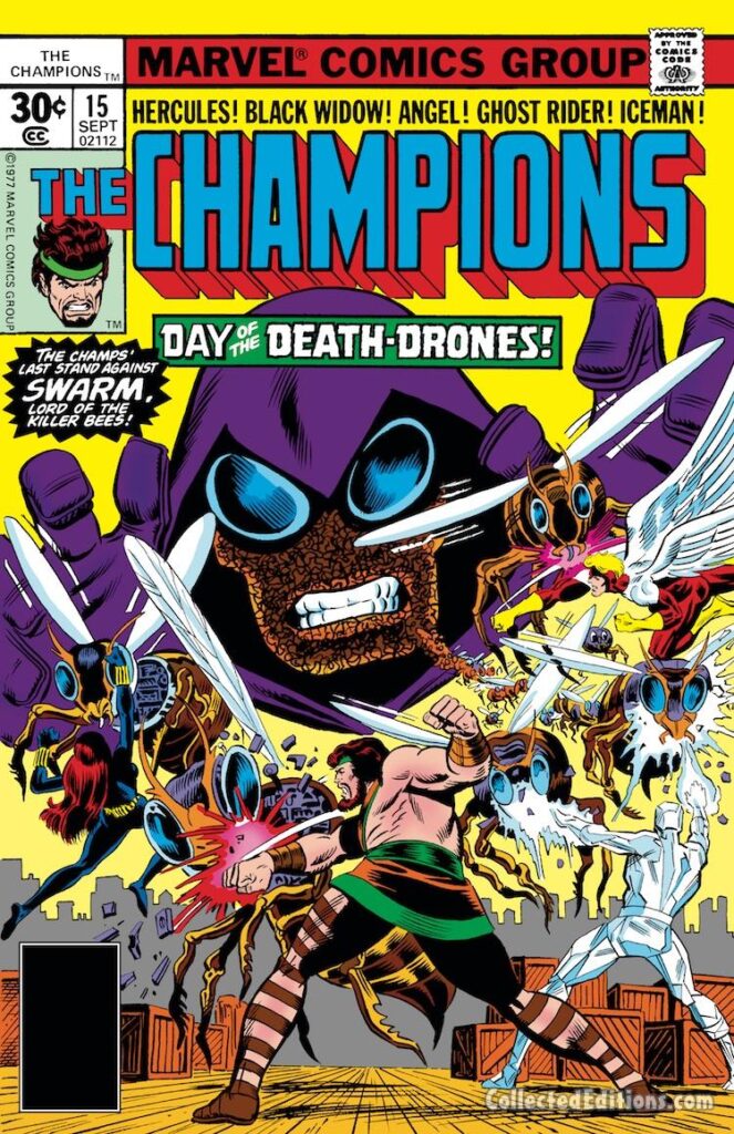 Champions #15 cover; pencils, uncredited; inks, Al Milgrom; Swarm, killer bees