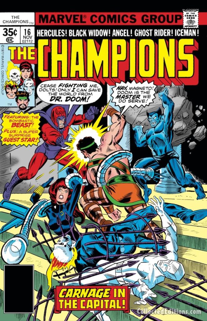 Champions #16 cover; pencils, Gil Kane; inks, uncredited; Hercules, Magneto, Beast