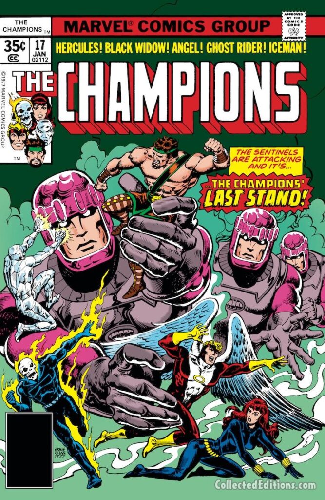 Champions #17 cover; pencils and inks, Ernie Chan; Sentinels, last issue