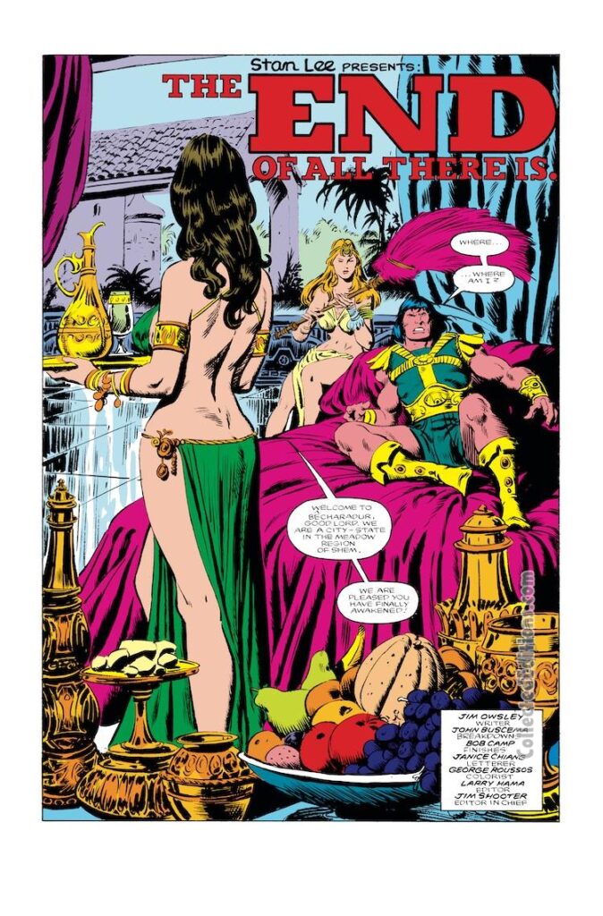 Conan the Barbarian #179, pg. 9; layouts, John Buscema; pencils and inks, Bob Camp; Becharadur, splash page, Christopher Priest, Jim Owsley; The End of All There Is, splash page