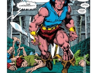 Conan the Barbarian #185, pg. 1; pencils, John Buscema; inks, Ernie Chan Conan the Barbarian #185, pg. 1; pencils, John Buscema; inks, Ernie Chan, Monument splash page, Jim Owsley, Christopher Priest