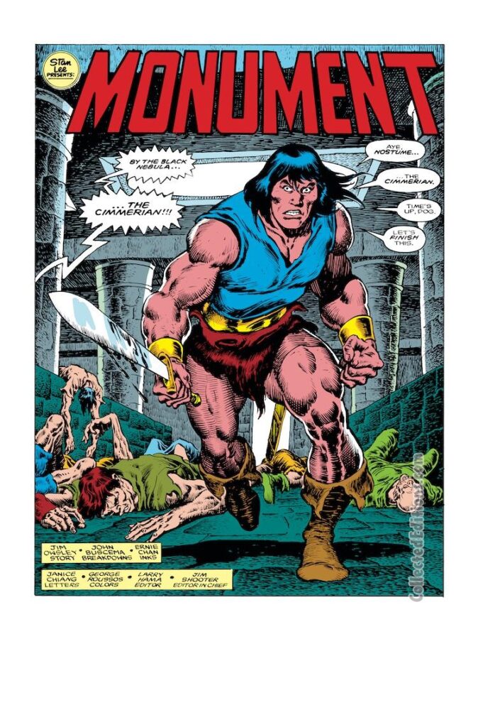 Conan the Barbarian #185, pg. 1; pencils, John Buscema; inks, Ernie Chan, Monument splash page, Jim Owsley, Christopher Priest
