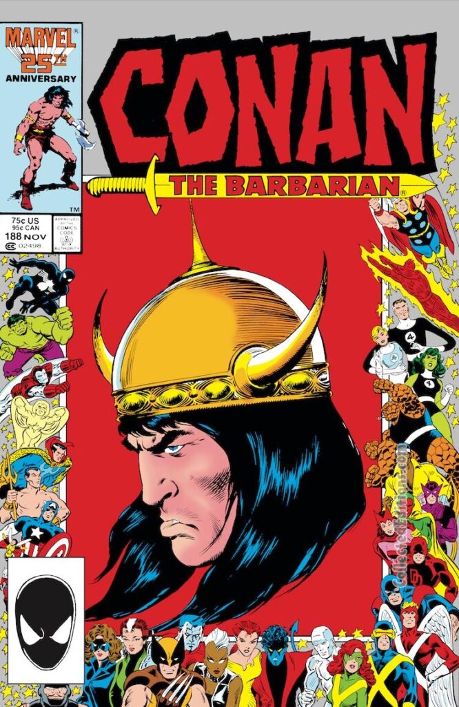 Conan the Barbarian #188 cover; pencils and inks, John Buscema; Marvel 25th anniversary frame John Romita